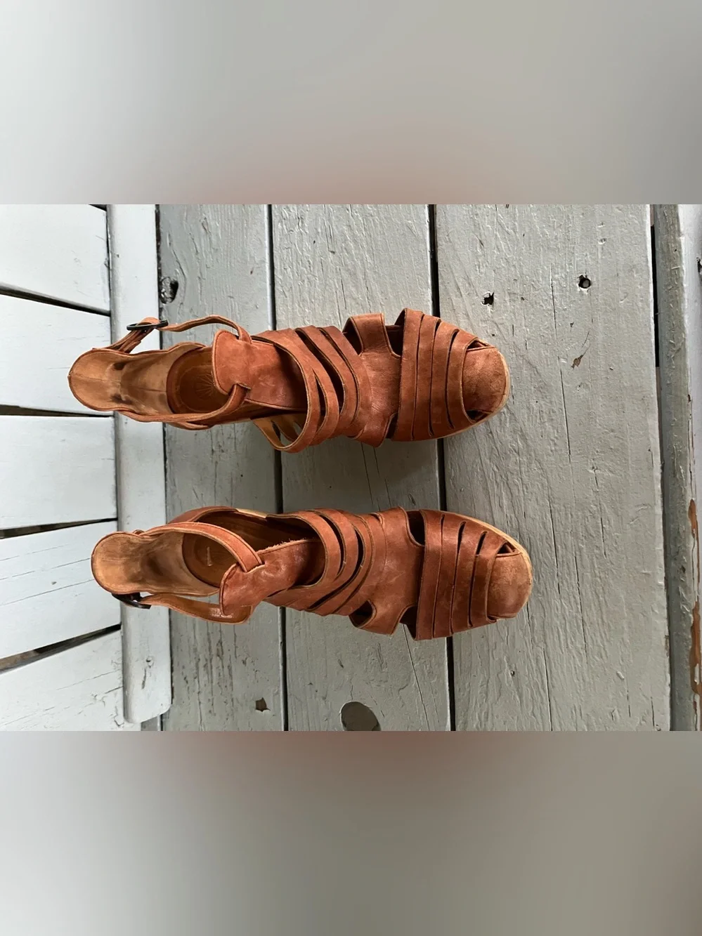 COCLICO Soft Brown Leather Strappy Wedge Sandals Wood Clog